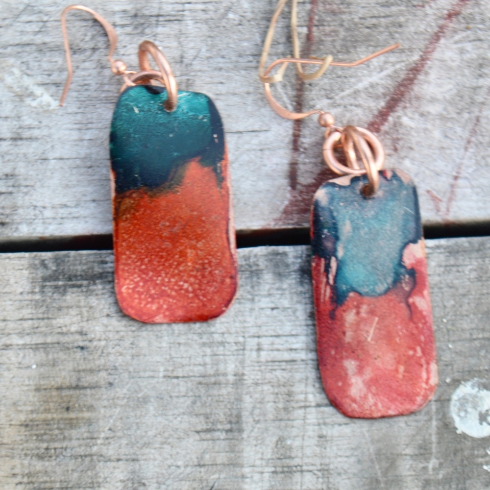 Abstract Brutalist Rustic Solid Pure Copper Earrings Red Handmade Geometric Blue - Picture 5 of 5